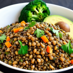 **Image Prompt:** A vibrant, colorful vegan meal featuring cooked lentils, brown rice, diced avocado, steamed broccoli, and a sprinkle of chia seeds. The meal is seasoned with fresh cilantro and a drizzle of extra virgin olive oil. The scene should evoke a sense of healthy, satisfying, and flavorful eating.