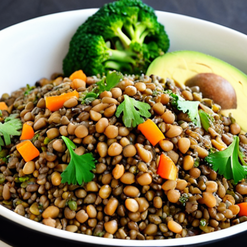 Home 11 **Image Prompt:** A vibrant, colorful vegan meal featuring cooked lentils, brown rice, diced avocado, steamed broccoli, and a sprinkle of chia seeds. The meal is seasoned with fresh cilantro and a drizzle of extra virgin olive oil. The scene should evoke a sense of healthy, satisfying, and flavorful eating.