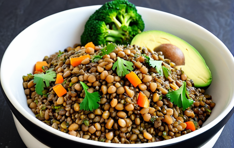 **Image Prompt:** A vibrant, colorful vegan meal featuring cooked lentils, brown rice, diced avocado, steamed broccoli, and a sprinkle of chia seeds. The meal is seasoned with fresh cilantro and a drizzle of extra virgin olive oil. The scene should evoke a sense of healthy, satisfying, and flavorful eating.
