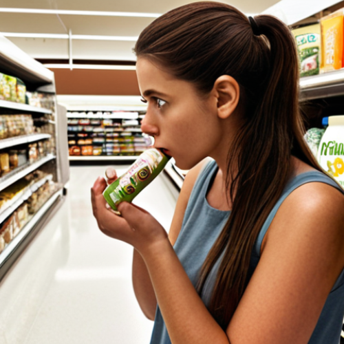 Home 6 **Prompt:** A focused person, acting as a detective, meticulously scrutinizing a vegan food product label with a magnifying glass. The background subtly features common processed vegan items (like plant-based milks or snack bars), some with chameleon-like sugar symbols peeking from their packaging, emphasizing the hidden nature of sugar. The scene is set in a modern, well-lit supermarket aisle, highlighting the challenge of conscious consumption.