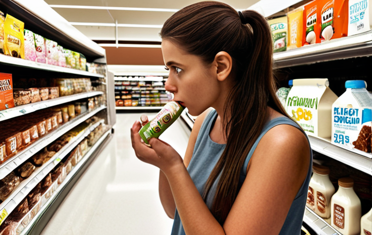 **Prompt:** A focused person, acting as a detective, meticulously scrutinizing a vegan food product label with a magnifying glass. The background subtly features common processed vegan items (like plant-based milks or snack bars), some with chameleon-like sugar symbols peeking from their packaging, emphasizing the hidden nature of sugar. The scene is set in a modern, well-lit supermarket aisle, highlighting the challenge of conscious consumption.