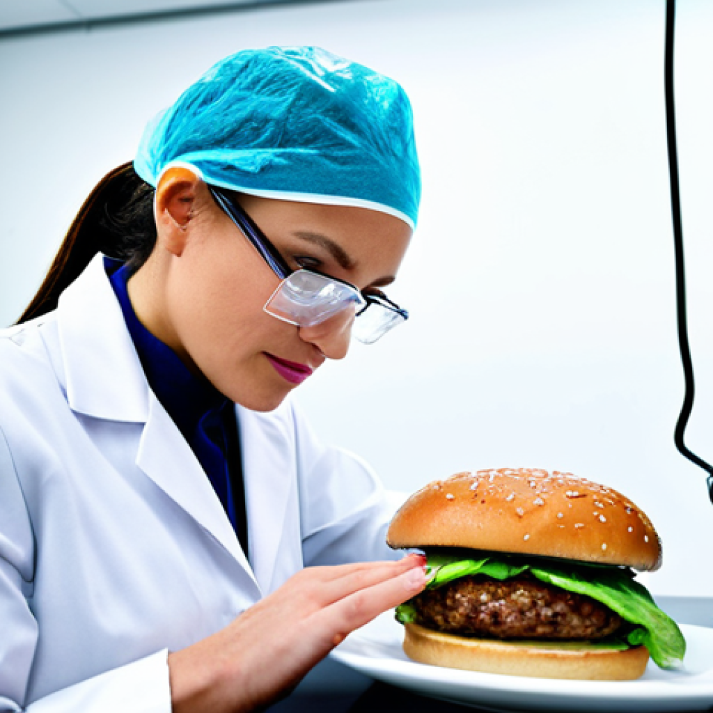 A professional food scientist, fully clothed in a modest lab coat and safety glasses, meticulously examining a perfectly formed, visually appealing plant-based burger patty that appears incredibly realistic and juicy. The setting is a pristine, high-tech food innovation laboratory with stainless steel surfaces, advanced scientific equipment, and soft, clean lighting in the background. The image should convey precision, culinary innovation, and scientific expertise. safe for work, appropriate content, fully clothed, professional dress, perfect anatomy, correct proportions, natural pose, well-formed hands, proper finger count, natural body proportions, professional photography, high quality, studio lighting.