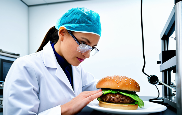 A professional food scientist, fully clothed in a modest lab coat and safety glasses, meticulously examining a perfectly formed, visually appealing plant-based burger patty that appears incredibly realistic and juicy. The setting is a pristine, high-tech food innovation laboratory with stainless steel surfaces, advanced scientific equipment, and soft, clean lighting in the background. The image should convey precision, culinary innovation, and scientific expertise. safe for work, appropriate content, fully clothed, professional dress, perfect anatomy, correct proportions, natural pose, well-formed hands, proper finger count, natural body proportions, professional photography, high quality, studio lighting.