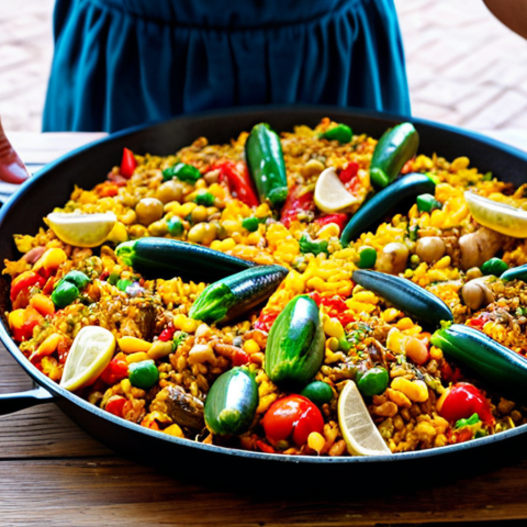 **

"A vibrant and colorful vegan vegetable paella being served on a rustic wooden table outdoors in Valencia, Spain, fully clothed people enjoying the meal, appropriate content, safe for work, family-friendly scene, perfect anatomy, natural proportions, high-quality photography, bright natural lighting."

**