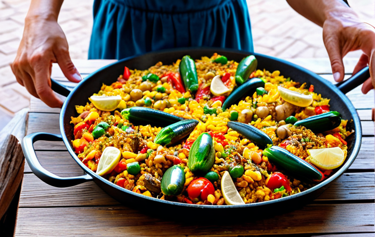 **

"A vibrant and colorful vegan vegetable paella being served on a rustic wooden table outdoors in Valencia, Spain, fully clothed people enjoying the meal, appropriate content, safe for work, family-friendly scene, perfect anatomy, natural proportions, high-quality photography, bright natural lighting."

**