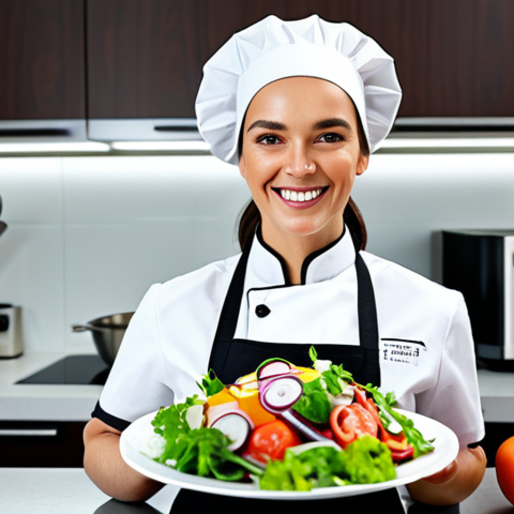 **

"A professional female chef in a clean, modern kitchen. She is fully clothed in a chef's uniform, wearing an apron and hairnet. She is smiling and holding a colorful vegan salad. Bright, natural lighting.  Appropriate content, safe for work, perfect anatomy, natural proportions, professional photography, high resolution."

**