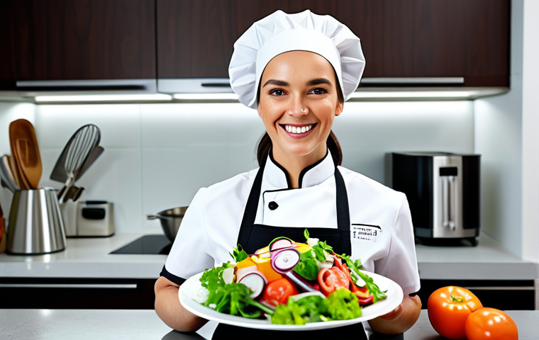 **

"A professional female chef in a clean, modern kitchen. She is fully clothed in a chef's uniform, wearing an apron and hairnet. She is smiling and holding a colorful vegan salad. Bright, natural lighting.  Appropriate content, safe for work, perfect anatomy, natural proportions, professional photography, high resolution."

**