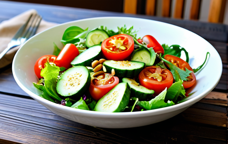 비건 식단에서의 염분 조절 중요성 - Fresh Vegan Salad**

A vibrant and colorful vegan salad bowl overflowing with fresh, seasonal vegeta...