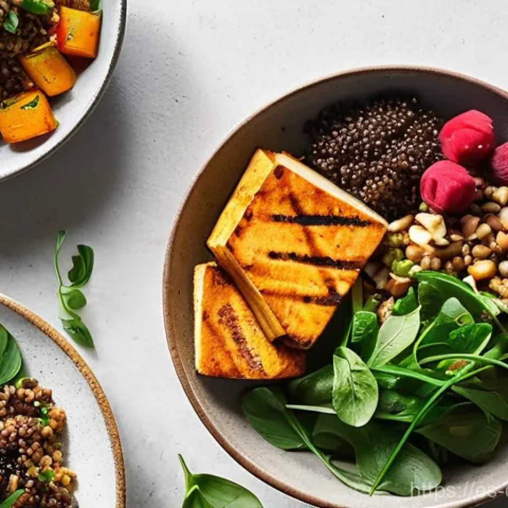 비건 식단을 위한 영양소 계획 세우기 - **Vibrant Vegan Feast:** A wide-angle, bright, and inviting photograph of a meticulously arranged ve...