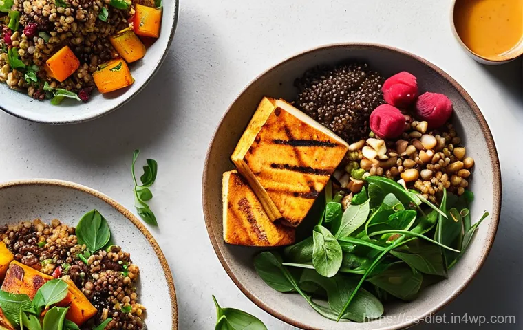 비건 식단을 위한 영양소 계획 세우기 - **Vibrant Vegan Feast:** A wide-angle, bright, and inviting photograph of a meticulously arranged ve...