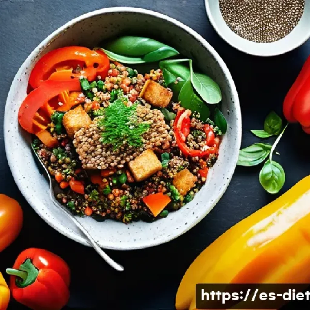 영양학적으로 균형 잡힌 비건 식단 만들기 - **A Vibrant Vegan Protein Feast:**
    "A visually stunning flat lay photograph of a bountiful vegan...
