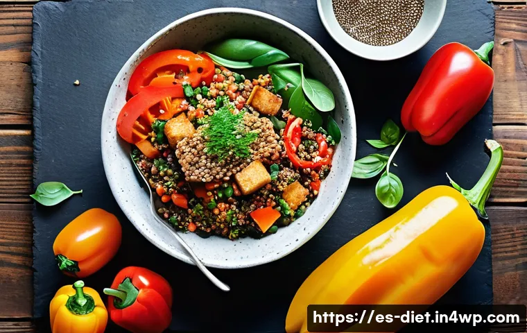 영양학적으로 균형 잡힌 비건 식단 만들기 - **A Vibrant Vegan Protein Feast:**
    "A visually stunning flat lay photograph of a bountiful vegan...