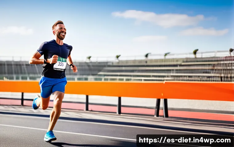 비건 식단과 운동 성과의 관계 - **Prompt:** A dynamic full-body shot of a male marathon runner in peak physical condition, crossing ...