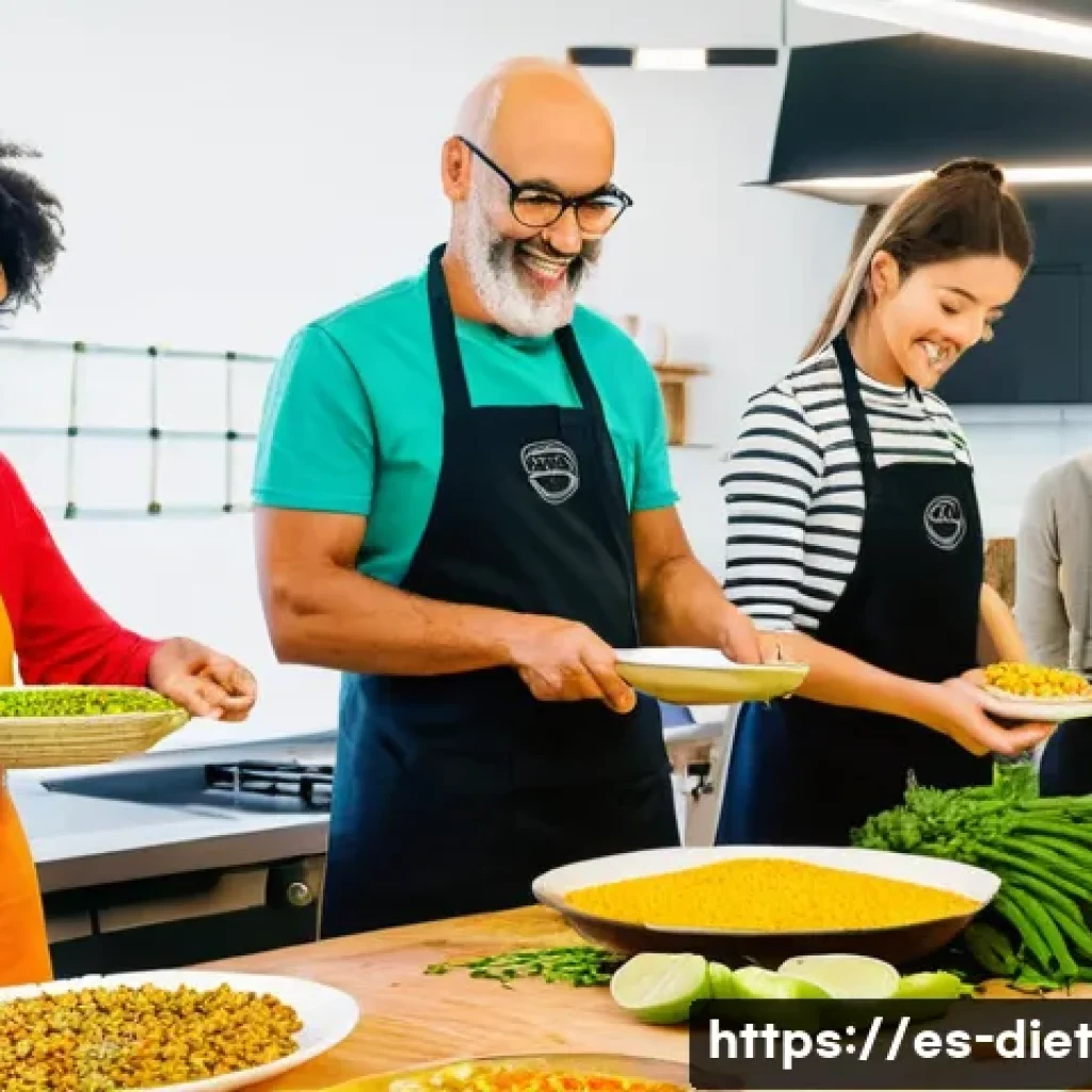 비건 식단의 효과적인 변화를 위한 조언 - **Prompt:** A brightly lit and inviting vegan cooking class in Madrid. Focus on a diverse group of p...