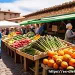 비건 식단을 위한 식사 계획 세우기 - A vibrant Spanish farmers’ market scene in spring, showcasing colorful seasonal vegetables like arti...