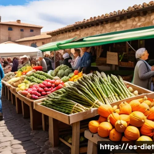 비건 식단을 위한 식사 계획 세우기 - A vibrant Spanish farmers’ market scene in spring, showcasing colorful seasonal vegetables like arti...