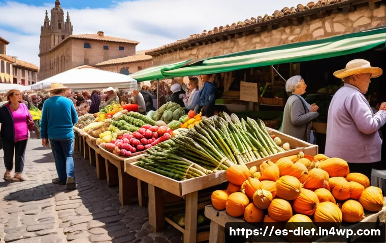 비건 식단을 위한 식사 계획 세우기 - A vibrant Spanish farmers’ market scene in spring, showcasing colorful seasonal vegetables like arti...