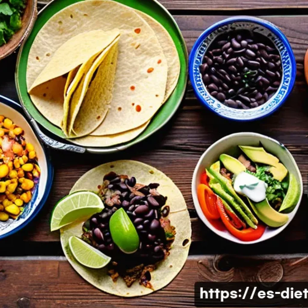 비건 식단의 문화적 다양성 이해하기 - A vibrant Mexican vegan street food scene featuring colorful tacos made with corn tortillas, black b...