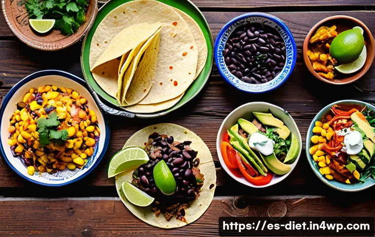 비건 식단의 문화적 다양성 이해하기 - A vibrant Mexican vegan street food scene featuring colorful tacos made with corn tortillas, black b...