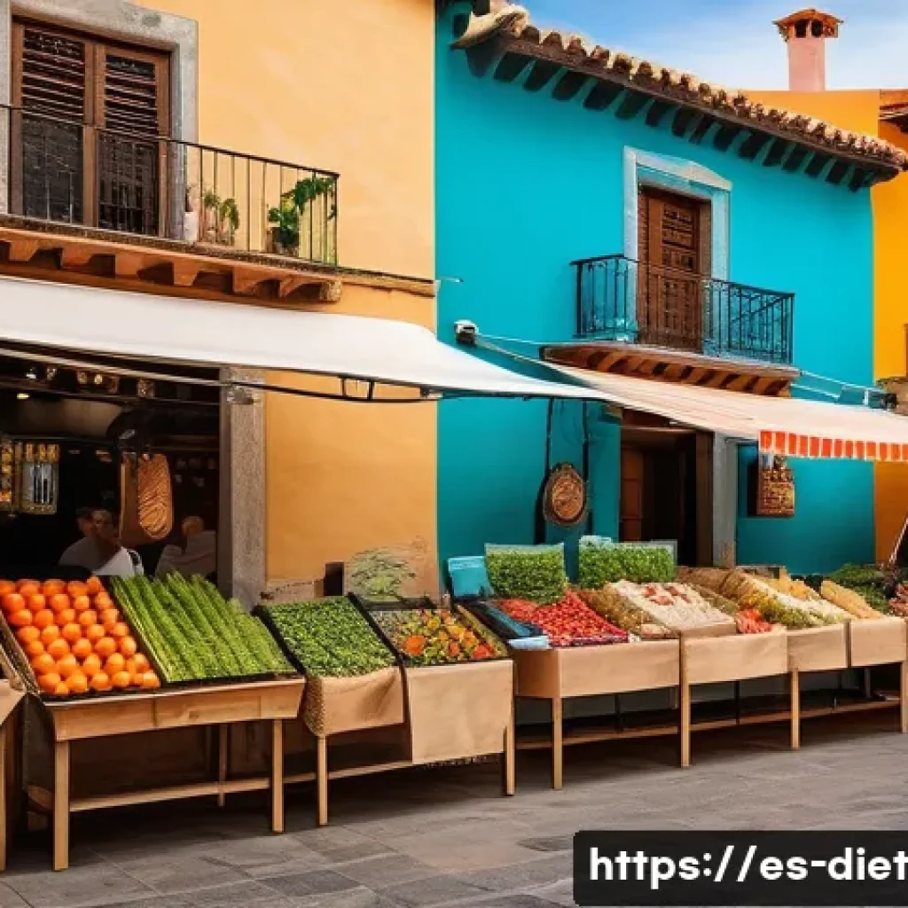 비건 식단의 지속 가능성에 대한 논의 - A vibrant Spanish farmer’s market scene in a sunny urban plaza, featuring diverse stalls with fresh ...
