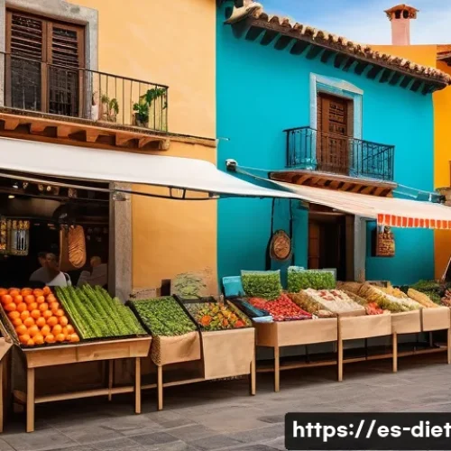 비건 식단의 지속 가능성에 대한 논의 - A vibrant Spanish farmer’s market scene in a sunny urban plaza, featuring diverse stalls with fresh ...