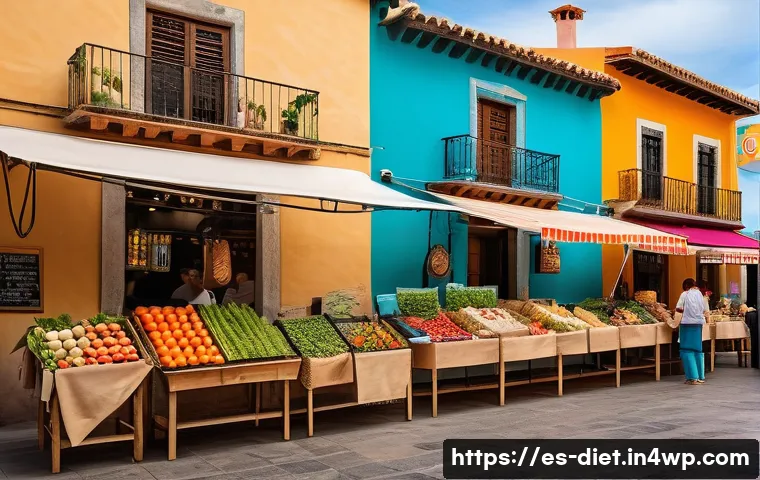 비건 식단의 지속 가능성에 대한 논의 - A vibrant Spanish farmer’s market scene in a sunny urban plaza, featuring diverse stalls with fresh ...