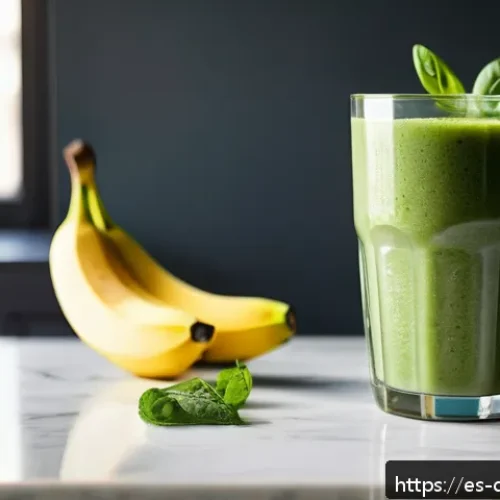 비건 식단을 위한 바쁜 일상 속 만들기 - A vibrant and fresh vegan green smoothie in a tall clear glass, filled with bright green spinach lea...