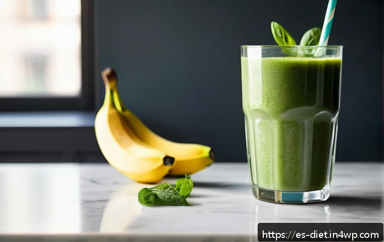 비건 식단을 위한 바쁜 일상 속 만들기 - A vibrant and fresh vegan green smoothie in a tall clear glass, filled with bright green spinach lea...