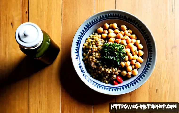 Home 17 비건 다이어트와 체중 감량의 연관성 - Photorealistic overhead view of a balanced vegan weight-loss meal on a rustic Spanish kitchen table:...