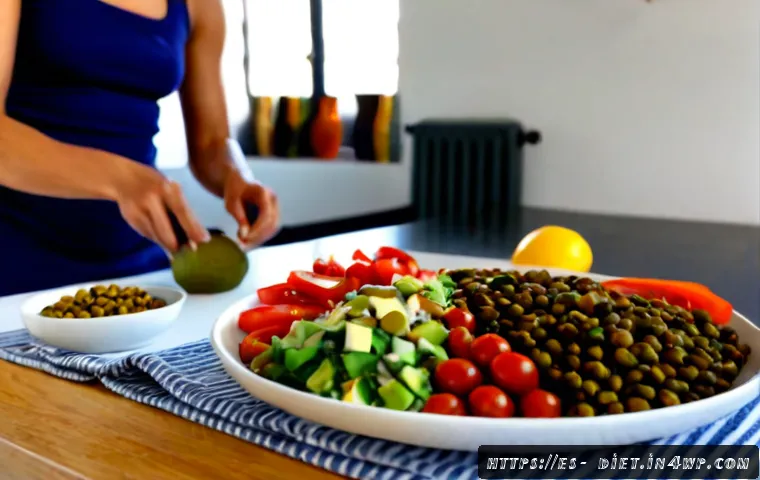 Home 17 비건 식단의 다이어트 효과 - Photorealistic Mediterranean vegan weight-loss meal preparation in a bright Spanish home kitchen, a ...